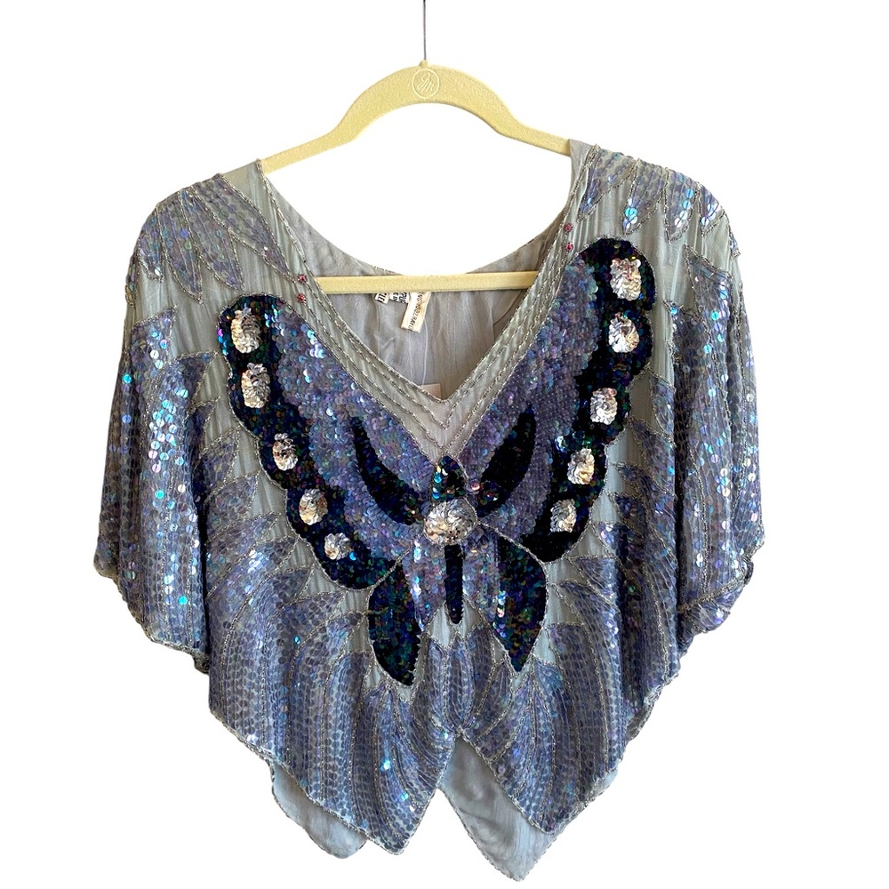 Vintage 1960 SILK Iridescent Blues Sequin Butterfly Disco Top NWT OneSize